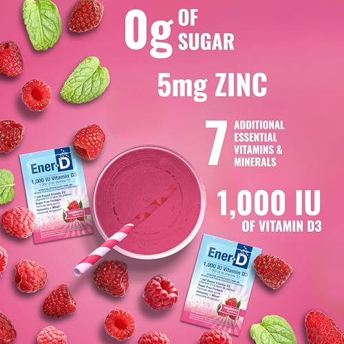 Ener-D Raspberry Multivitamin Drink Powder - Sugar Free Vitamin D3 - Immune & Energy Support - for Men & Women - Zinc, Vitamin B & C, Electrolytes - Vegan, Non-GMO Real Fruit Juice - 24 Servings