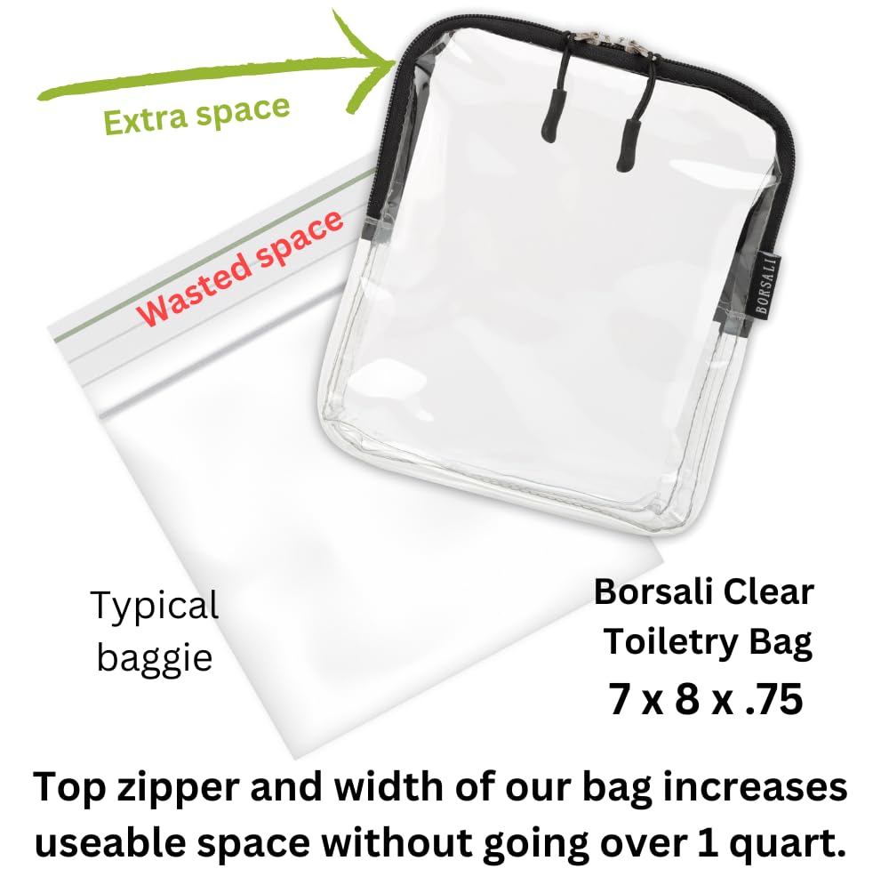BORSALI TSA Quart Size Bag Approved for Carry On Travel - One (1) Quart Clear Toiletires, Cosmetic and 3-1-1 Liquids Toiletry Bag