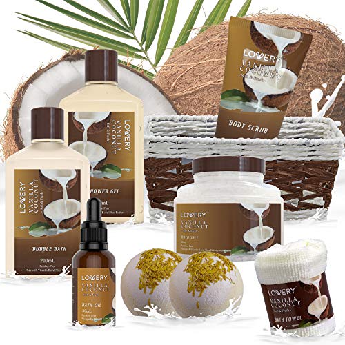Gifts For Women Gift Basket for Women– 9 Piece Set of Vanilla Coconut Home Spa Set, Includes Fragrant Lotions, Extra Large Bath Bombs, Coconut Oil, Luxurious Bath Towel & More