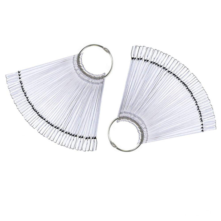 2 Sets 100 Tips Transparent Plastic Nail Swatches Sticks Fan Shape Nail Polish Display Board Practice Tool with Metal Ring Holder