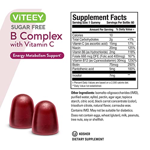 Vitamin B Complex Gummies with Vitamin C, Sugar Free - Energy, Metabolism & Nerve Health - B6, B12, Folic Acid, Biotin - Vegan, Gelatin Free, GMO Free - Tasty Chewable Strawberry Flavored Gummy