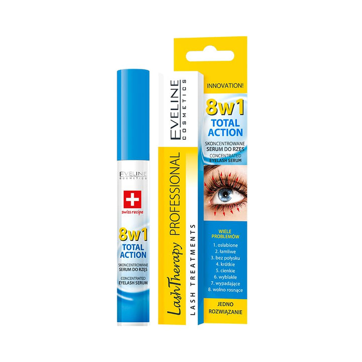 Eveline Cosmetics Concentrated Eyelash Serum for Growth, Lash Therapy Professional, Increases Length and Thickness of Eyelashes, Total Action 8 in 1 Eyelash Serum - 10ml (Pack of 1)
