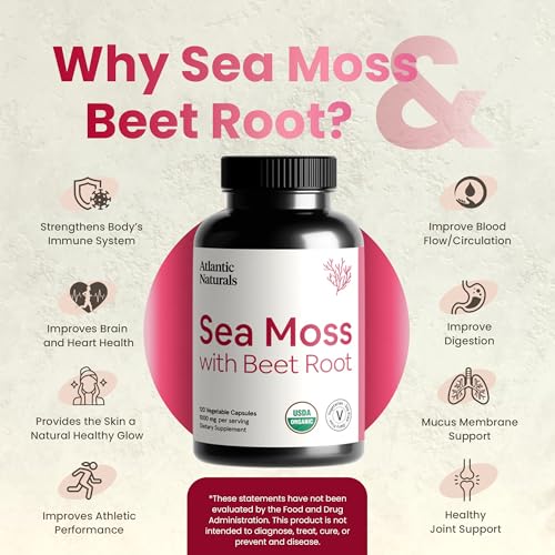 Atlantic Naturals Sea Moss with Beet Root Capsules - Premium Quality Multivitamin Supplement - Sea Moss Superfood to Support Immune Health, Blood Flow, Joint Health & Athletic Performance - 120 ct