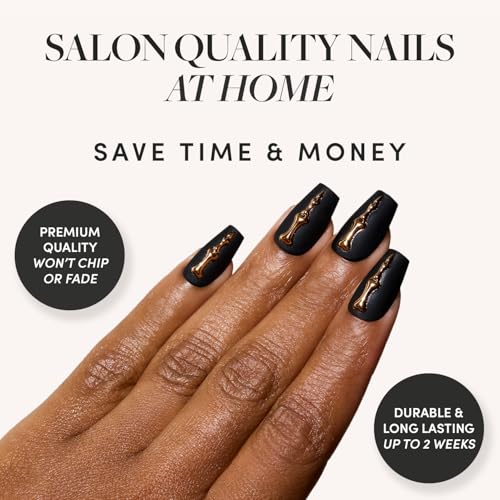 Glamnetic Press On Nails - Rosy Remains | Charcoal Gray 3D Skeleton Medium Coffin Fake Nails with Matte Finish, Salon Quality Halloween Nails | 15 Sizes - 30 Nail Kit with Glue