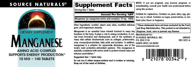 Source Naturals Manganese, Amino Acid Chelate - Supports Energy Production - 100 Tablets