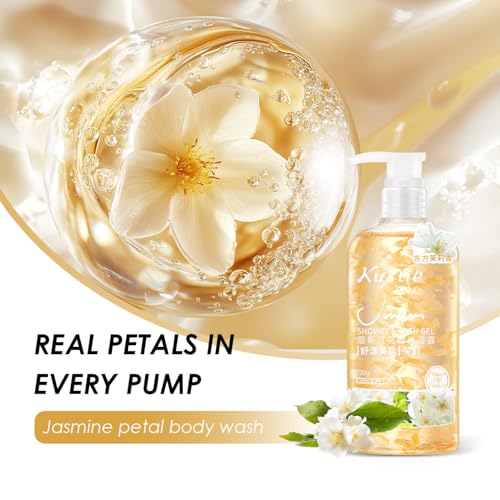 KUSTIE Jasmine Body Wash, Moisturizing Shower Gel with Real Jasmine Petals, Botanical Oils & Niacinamide, Rich Lather, Luxury Shower Gel for Women & Men, Long-Lasting Natural Fragrance, 24.3 oz