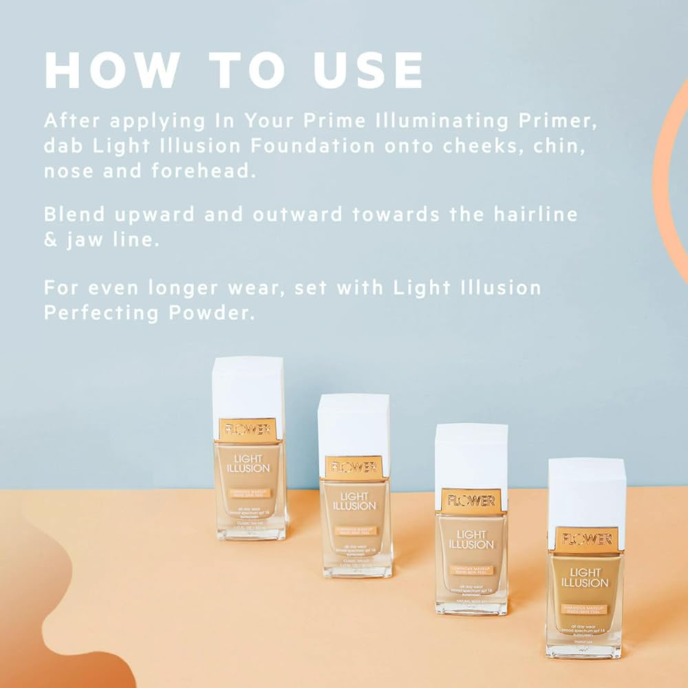 Flower Beauty Light Illusion Foundation with SPF 18 - Liquid Foundation Makeup with Buildable Coverage & Breathable/Lightweight Formula - Natural Complexion (Sable)
