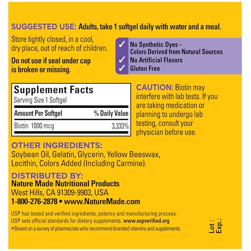 Nature Made Biotin 1000 mcg, Dietary Supplement Supports Healthy Hair & Skin, 120 Softgels, 120 Day Supply