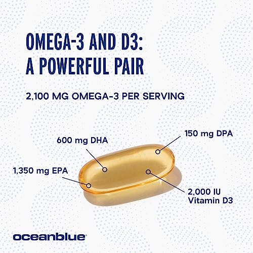 Oceanblue Professional Omega-3 2100 with Vitamin D3 – 60 ct – Triple Strength Burpless Fish Oil Supplement with High-Potency EPA, DHA, DPA and Vitamin D3 – Wild-Caught – Vanilla Flavor (30 Servings)