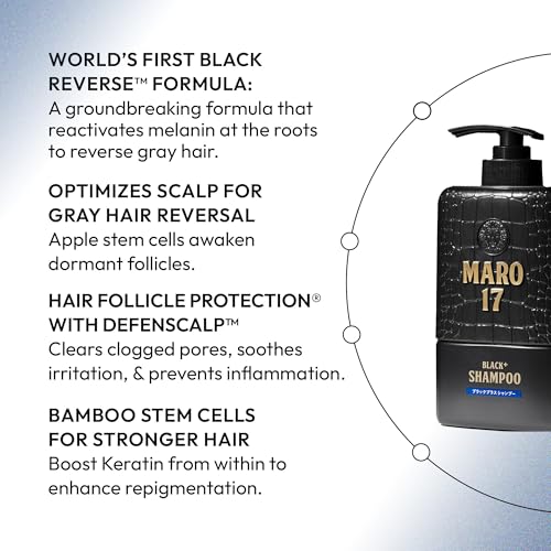 MARO17 Black+ Shampoo - Mens Shampoo for Gray Hair Reversal - Sulfate Free + DHT Blocker, Royal Jelly & Collagen for Thicker, Darker Hair - Protects Follicles, Promotes Growth, & Prevents Greying