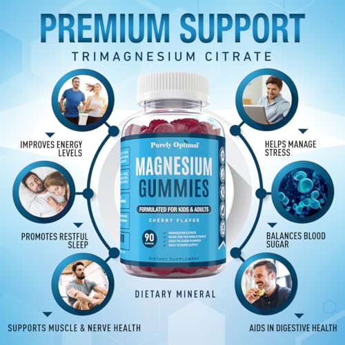 Purely Optimal Premium Magnesium Citrate Gummies for Adults & Kids - Supports Relaxation, Muscle & Nerve Function - Chewable, Non-GMO, Vegan, Gluten-Free - 90 Delicious Gummies