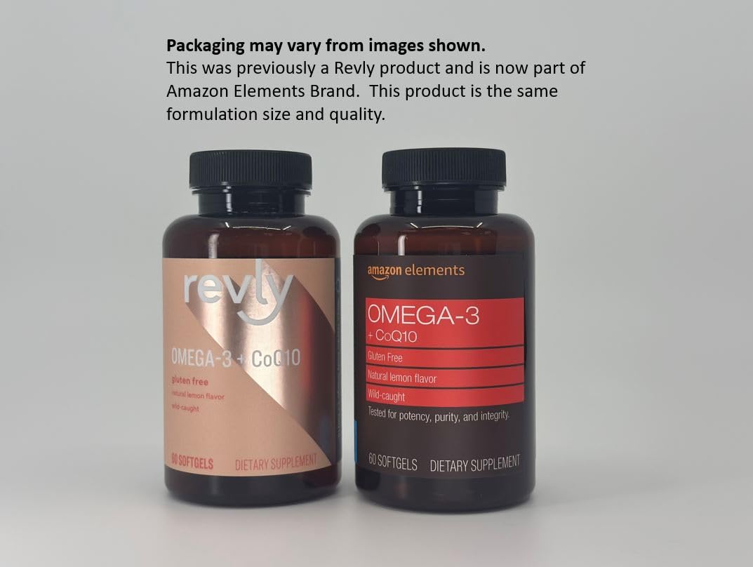 Amazon Elements Omega 3 Wild-caught Fish Oil + CoQ10 with Natural Lemon Flavor, EPA & DHA Omega-3 fatty acids, 60 Softgels (1250 mg Omega 3s and 100 mg CoQ10 per serving)