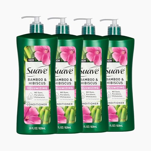 Suave Bamboo & Hibiscus Volumizing Conditioner, for Fine and Flat Hair, Salon Proven System for Boosting Hair Volume and Body, 28 oz, 4 Pack