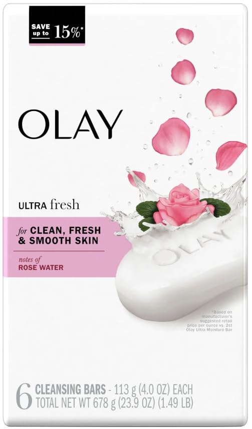 Olay Ultra Fresh Bath Bar, for Clean, Fresh & Smooth Skin with Notes of Rosewater, 23.9 oz (678g) - 6 Count, Pack of 1