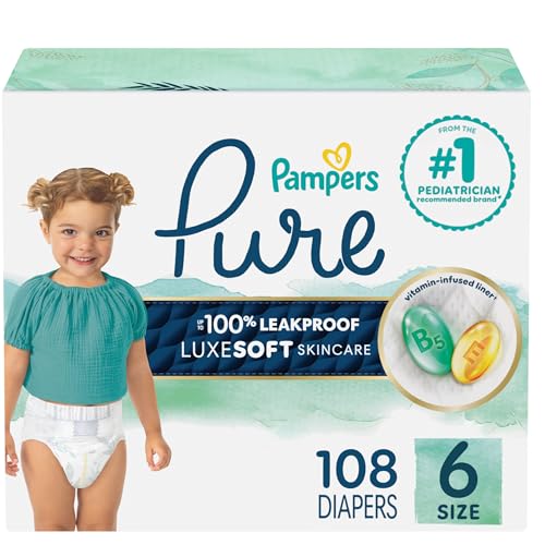 Pampers Pure Protection Baby Diapers, Size 6 (35+ lbs), 108 Count, Up to 100% Leakproof, Premium Plant-based Skin Protection, Hypoallergenic Soft Diapers