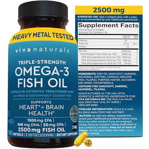 Omega 3 Fish Oil Supplement - 2500 mg Triple Strength Fish Oil Pills with Re-Esterified Omega 3 Fatty Acids Including EPA, DHA DPA - 180 Pescatarian-Friendly Softgels