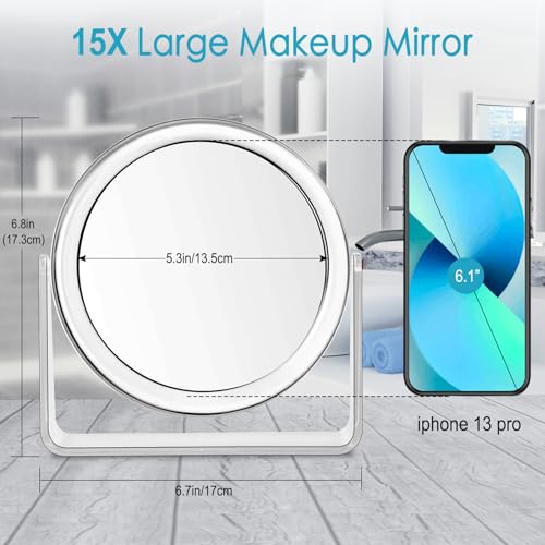 MKUMIR 15X Magnifying Makeup Mirror for Desk Double Sided 1X/15X Desk Mirror,Portable Table Small Standing Magnifying Mirror for Cosmetic, Transparent, MKT69Z