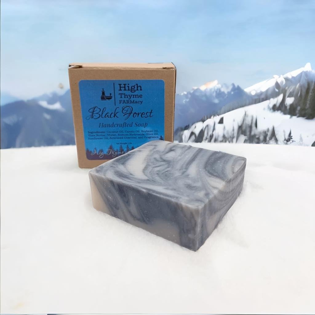 High Thyme FARMacy Black Forest Soap - 5 ounce Bar of Handmade Deep Musk & Sandalwood Scented Soap - Sweet, Earthy Lye Soap with Activated Charcoal - Moisturizing Bath Soap