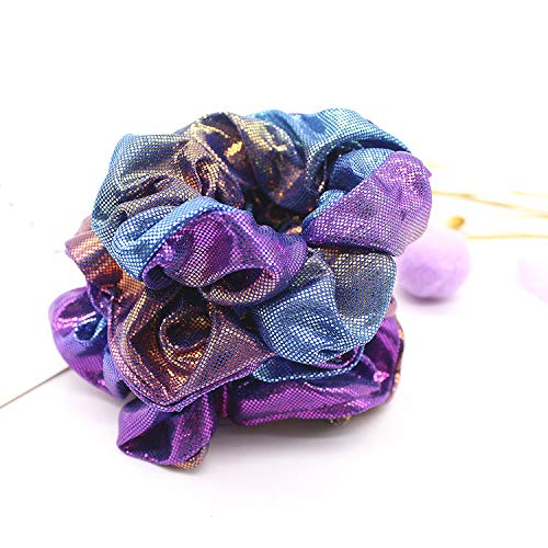 MANDI HOME 4 Pcs Bright Metallic Hair Scrunchies Hair Holder Bobbles Elastics Ponytail Holders Hair Wrist Ties Bands Cloth Scrunchies For Show Gym Dance Party Club Girl (Purple)
