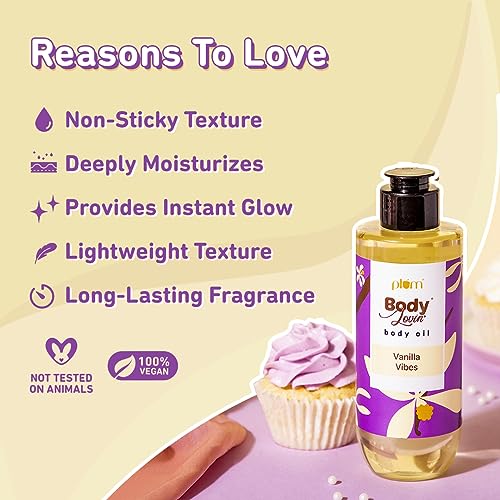 Plum Vanilla Body Oil with Avocado Oil, Coconut Oil & Carrot Seed Oil, 100% Pure Moisturizing Oil, Detoxifying, Omega-3 Fatty Acids, Vitamins A, D, E for Nourishing, Paraben & Silicone Free, 6.7 Fl Oz