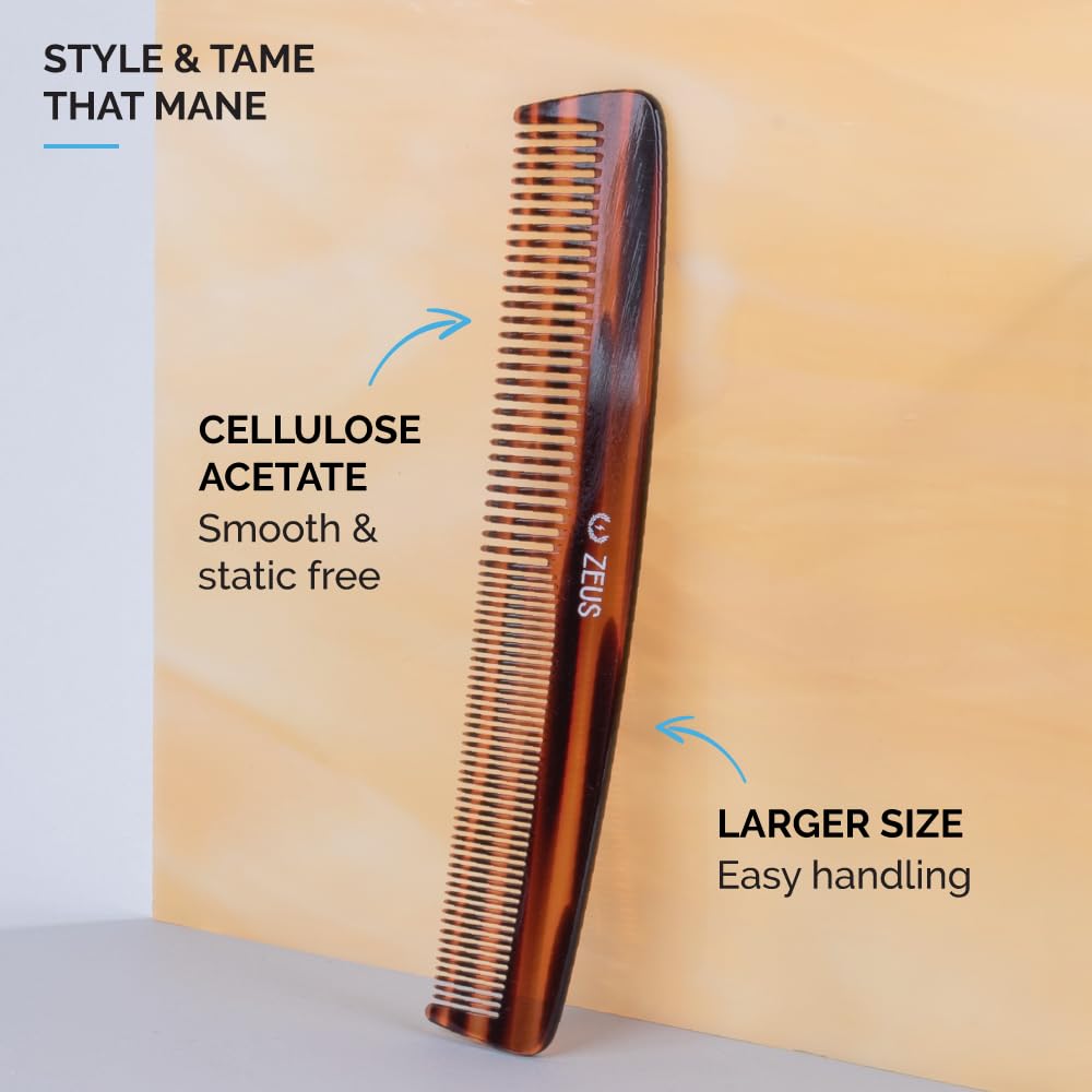 ZEUS 7.5 Handmade Large Hair Comb- Non-Static Acetate (Tortoiseshell)