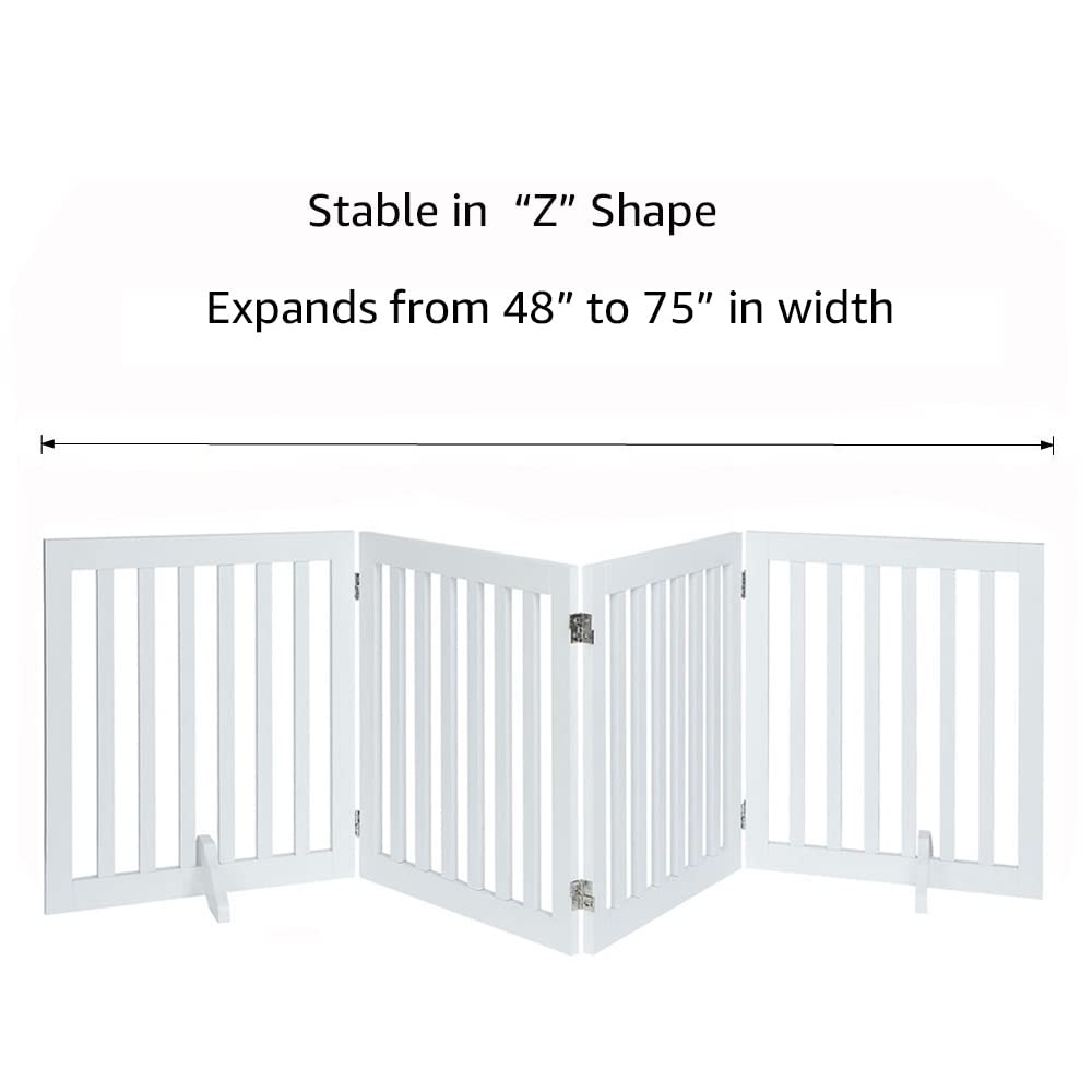 unipaws 24”H Free Standing Pet Gate for Dog Cat, Wooden Dog Gates for Doorway, Stairs, Step Over Foldable Pet Fence for The House, Expandable Dog Barrier, Indoor Use, White
