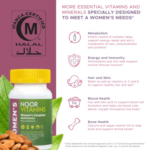 Noor Vitamins Halal Womens Multivitamin & Mineral I Once Daily Vitamin Supplement I Vegan | Supports Energy, Immunity, Metabolism, Healthy Appearance and Stages of Motherhood I 2-Month Supply