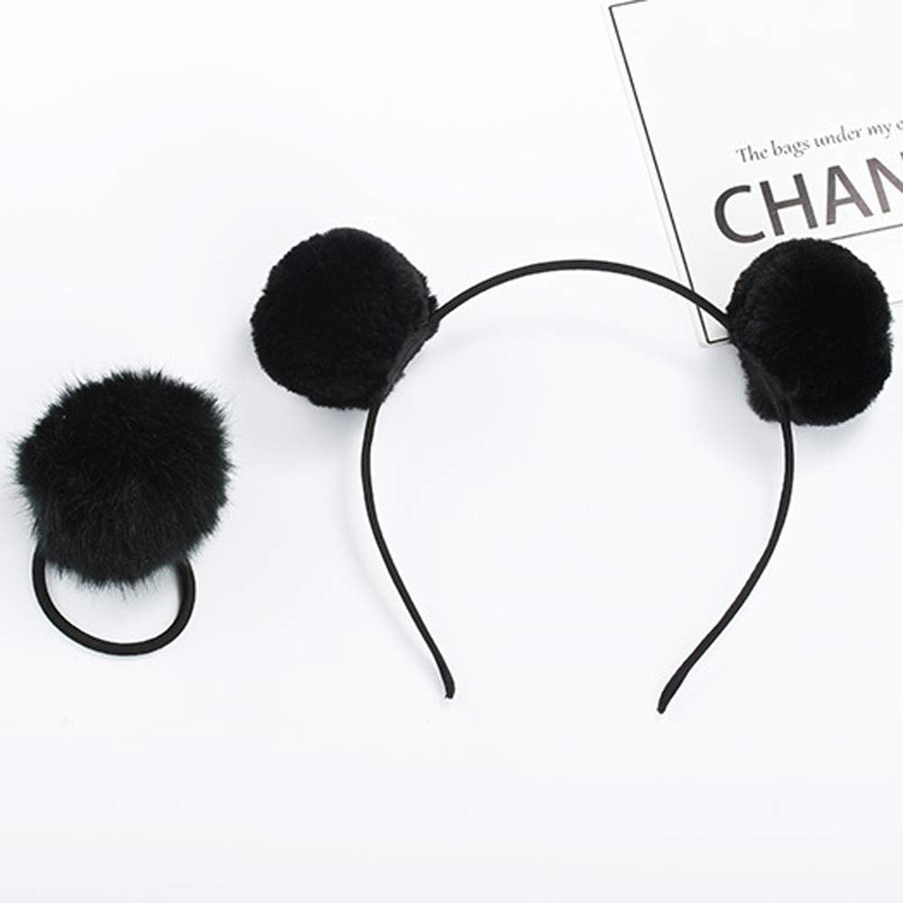 6 Pieces 3 Pairs Fluffy Furry Pom Ball Headband and Elastic Hair Ties Fuzzy Faux Fur Animal Ears Double Pom Headband PomPom Hair Band for Girls and Women
