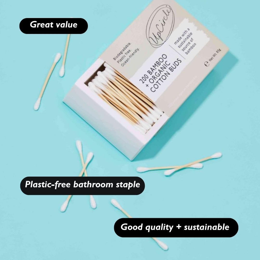 UPCIRCLE 200 Bamboo Cotton Ear Buds - Sustainable, Plastic-Free + Fully Recyclable - Eco-Friendly + Biodegradable