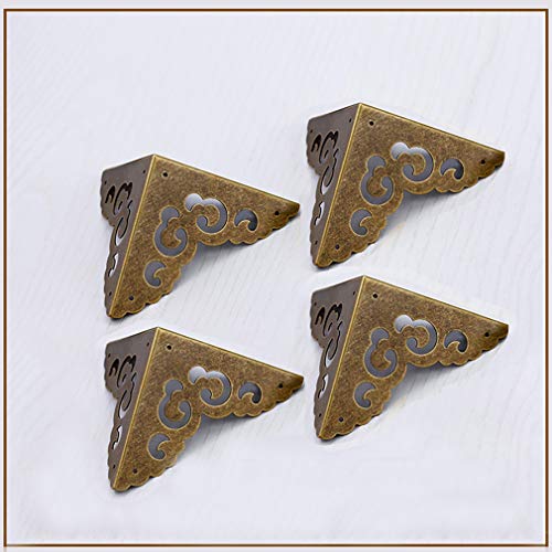 Tiazza 4Pcs Vintage Pure Brass Hollow Cloud Pattern Corner Protectors Antique Hardware Desk Edge Wooden Jewelry Gift Box Cabinet Three Sides Full Encase Corner Guard