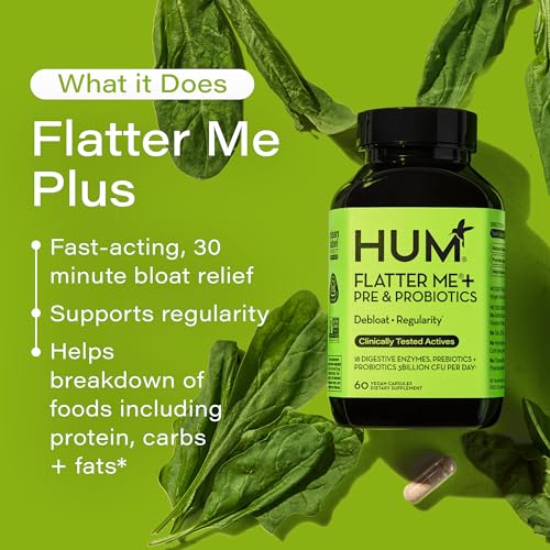 HUM Flatter Me Digestive Enzymes with Probiotics & Prebiotics - Fast-Acting Bloat Relief, Digestive Health and Regularity, Vegan Formula 60 Servings