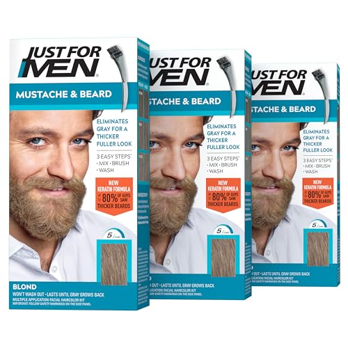 Just For Men Mustache & Beard, Beard Dye for Men with Brush Included, With Keratin Biotin Aloe and Coconut Oil for Healthy Facial Hair - Blond, M-10/15, Pack of 3 (Packaging May Vary)