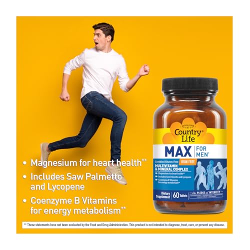 Country Life Max for Men, Multivitamin & Mineral Complex, Iron-Free, Vegetarian Tablets, 60 Count, Certified Gluten Free, Certified Vegetarian