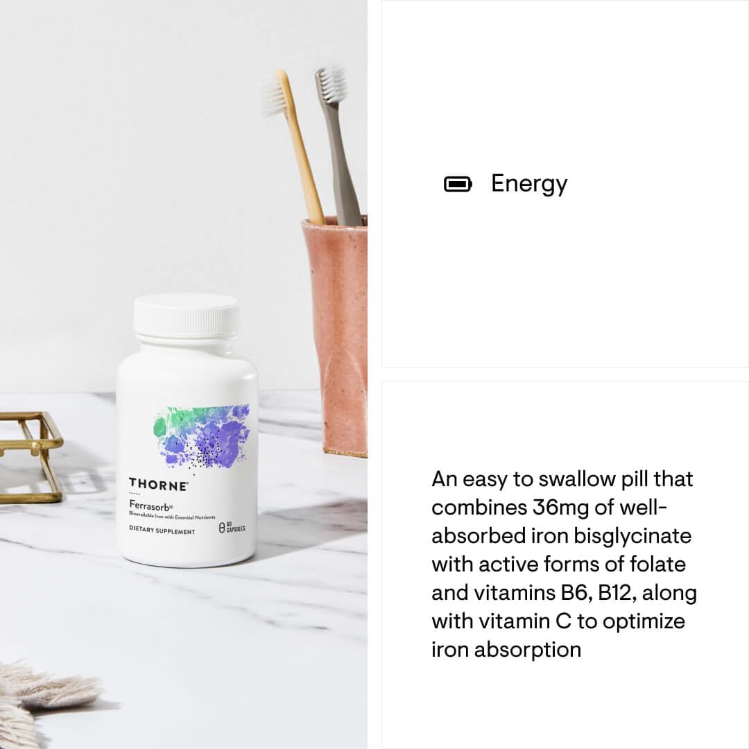 THORNE Ferrasorb - 36 mg Iron with Essential Nutrients - Complete Blood Support Formula - Elemental Iron, Folate, B and C Vitamins for Optimal Absorption - Gluten-Free - 60 Capsules