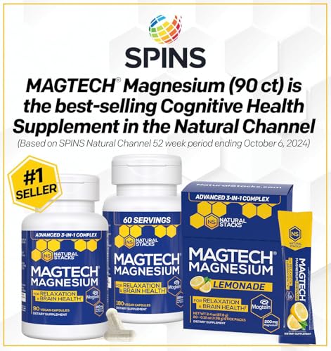 MagTech Magnesium Supplement - 3 Forms of Magnesium: Magtein L-Threonate, Glycinate & Taurate - 200mg Chelated Magnesium Complex - Supports Relaxation & Brain Health - 90 Capsules