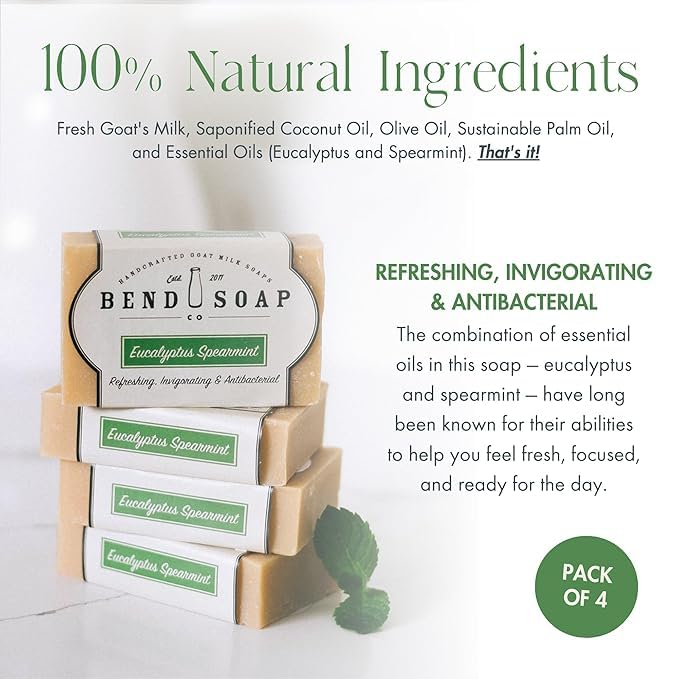 Bend Soap Company All Natural Handmade Goat Milk Soap for Dry Skin Relief, Eucalyptus Spearmint, 4 Count