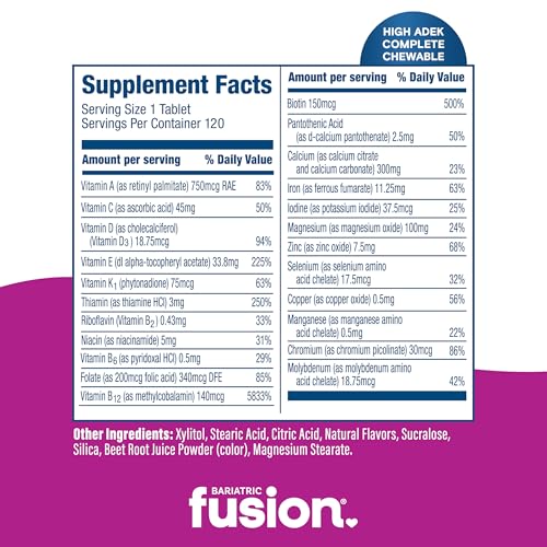 Bariatric Fusion Chewable Multivitamin with High ADEK Vitamins | Multi for Duodenal Switch Patients | Mixed Berry Flavored Tablets | with Iron and Calcium | One Month Supply