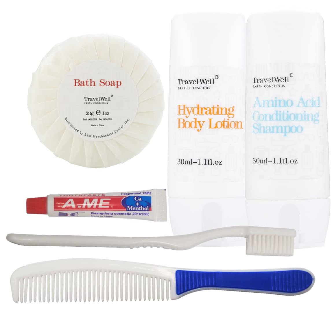 Hotel Toiletries Amenities Bulk Individually Wrapped 30ml Shampoo & Conditioner 2 in 1, Round Tissue Pleated 28g Cleaning Travel Soap In Bulk, Comb,Toothbrush Toothpaste, Body Lotion 25 Set