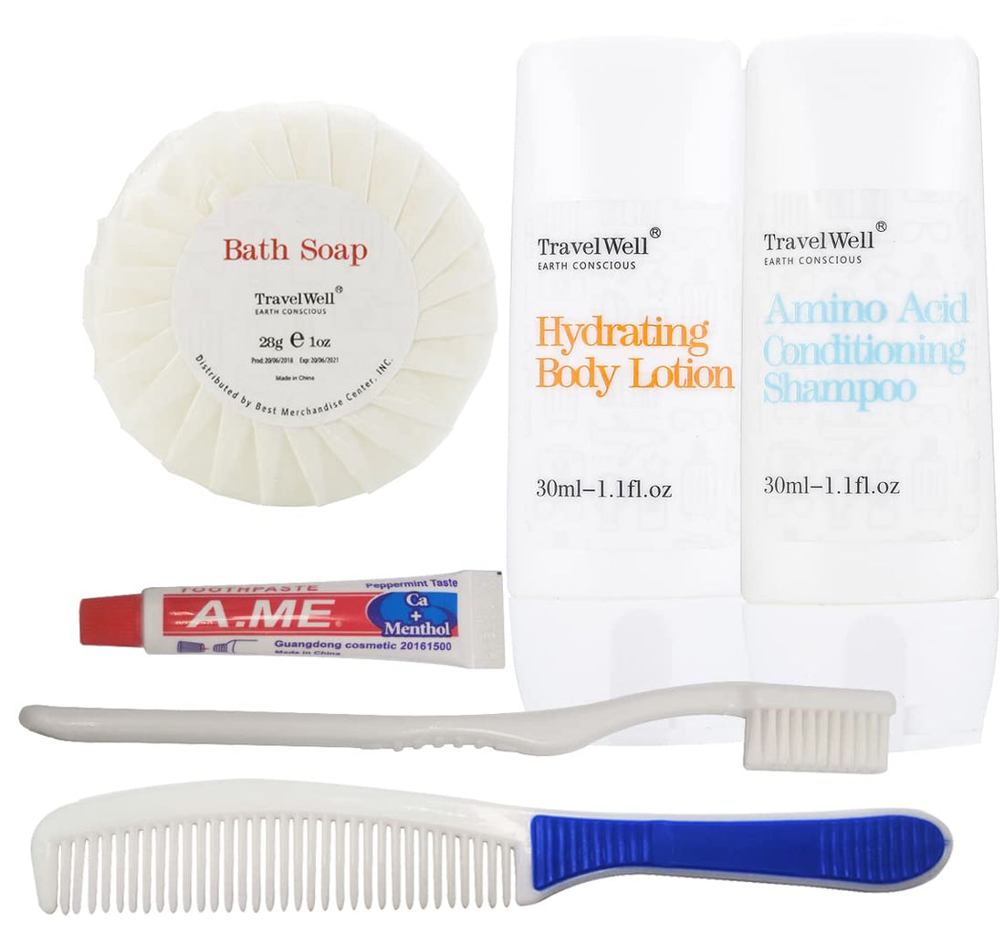 Hotel Toiletries Amenities Bulk Individually Wrapped 30ml Shampoo & Conditioner 2 in 1, Round Tissue Pleated 28g Cleaning Travel Soap In Bulk, Comb,Toothbrush Toothpaste, Body Lotion 25 Set