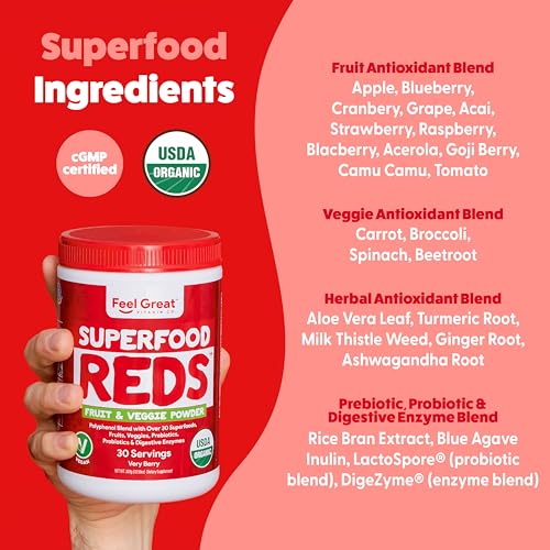Feel Great Organic Superfood Reds Powder Packed with Beet Root Powder | Digestive Support Including Bloating Relief | Fruit and Veggie Polyphenols Supplement.