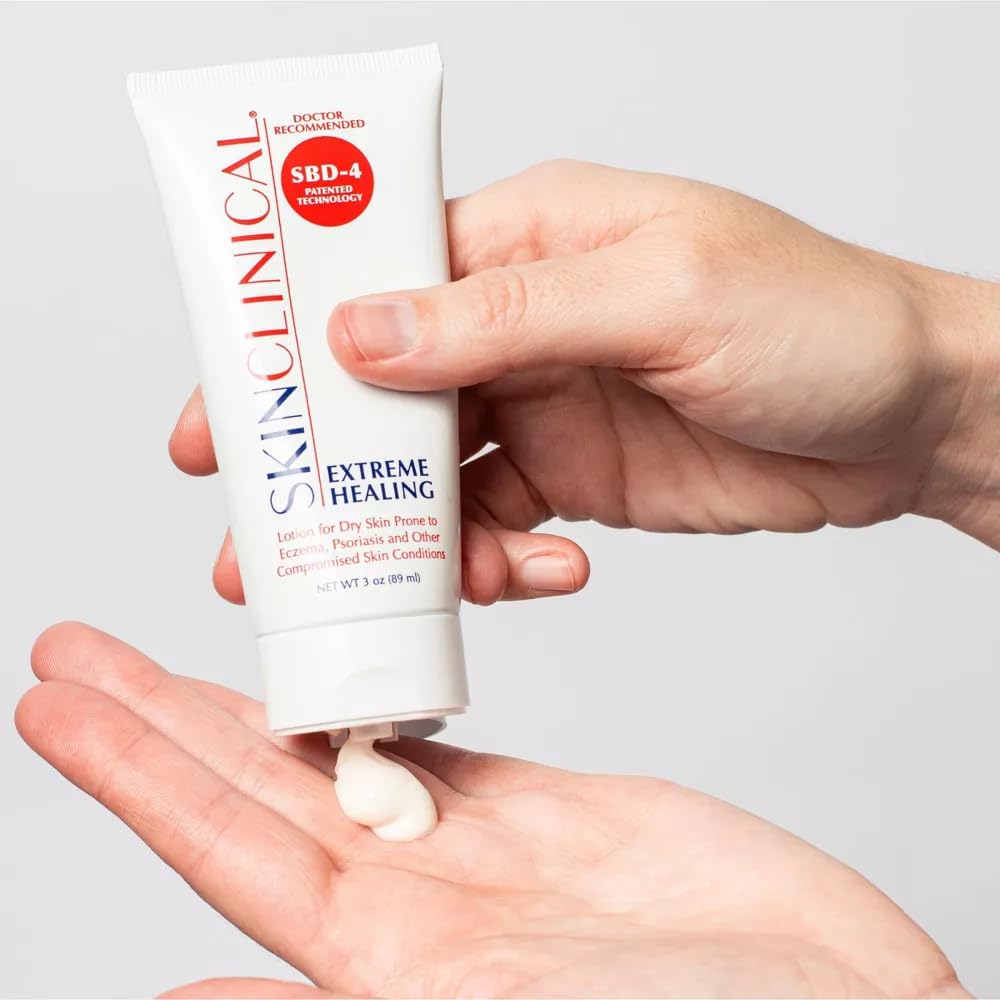 SkinClinical Extreme Healing, Non-Sticky, Fast-Absorbing Lotion For Dry Skin with Eczema and Psoriasis, Fragrance Free Lotion with Patented Ingredient SBD-4, Soothing Relief for Hand and Body, 3 Oz