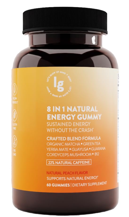8-in-1 Natural Energy Gummies, Vitamin B12, Sleep Gummies, Womens Multivitamin Gummy, Energy Chews, Vitamin C Gummies, Running Gummies, Peach Flavor, Energy Supplements, 22% Caffeine, 60 Count