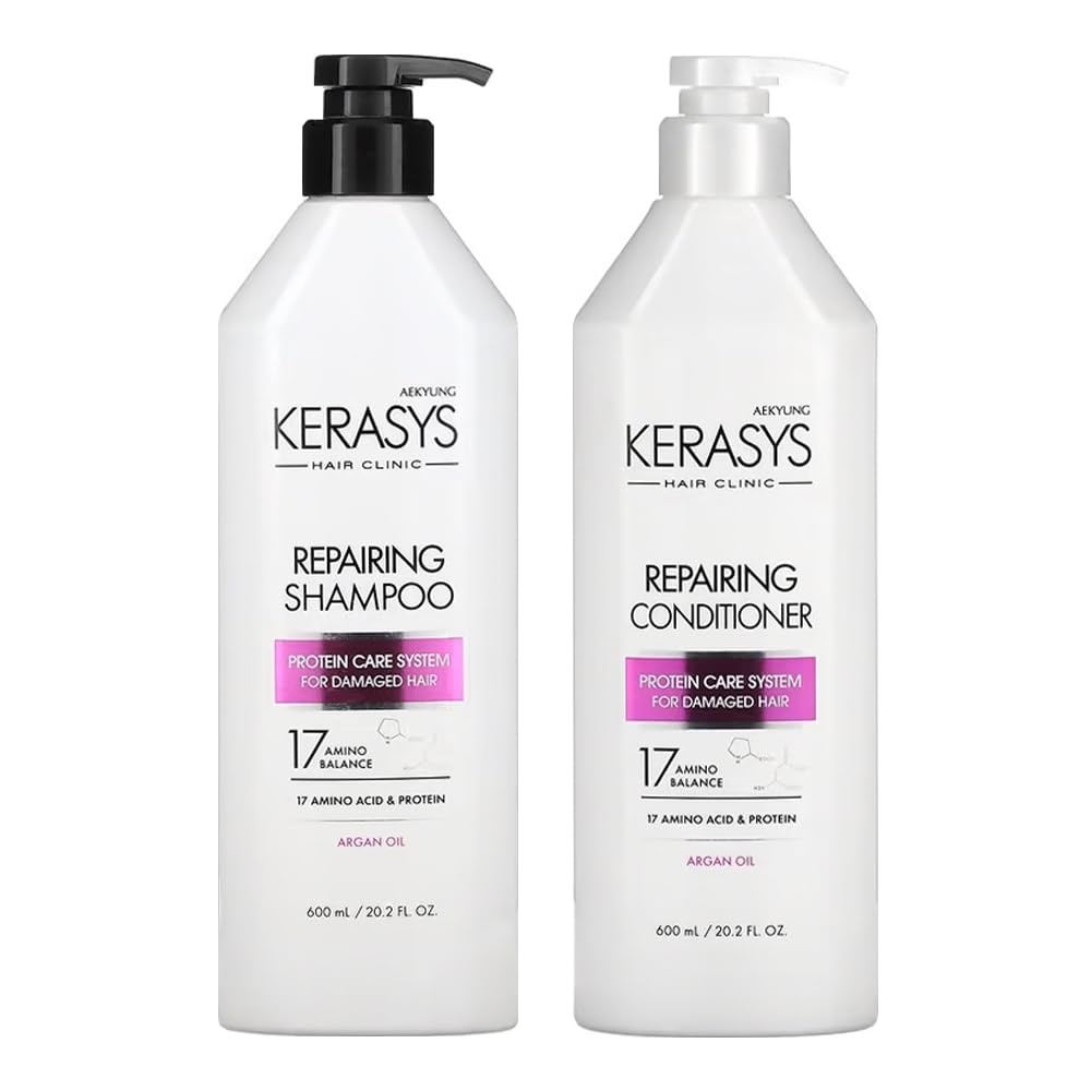Kerasys Hair Clinic Protein Care System for Damaged Hair Argan Oil REPAIRING 20.2 fl oz / 600 ml (Shampoo + Conditioner Set)