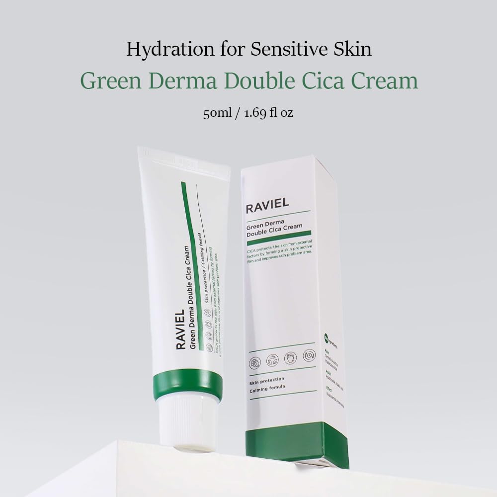 RAVIEL Green Derma Double Cica Cream | Redness relief for face | Calming & Soothing Skin barrier moisturizer for Sensitive Skin | Korean skin care (1.69 fl oz, Pack of 2)