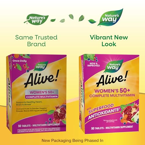 Nature's Way Alive Women's 50+ Complete Multivitamin, Supports Healthy Heart, Brain, Bones*, Superfood Antioxidants**, B-Vitamins, Gluten-Free, 50 Tablets (Packaging May Vary)