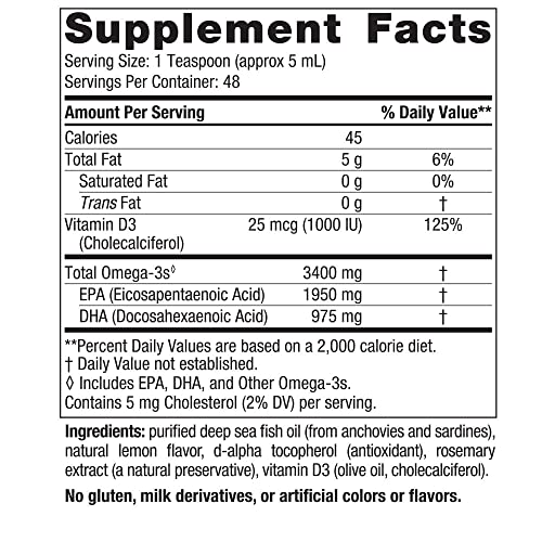 Nordic Naturals Ultimate Omega Xtra Liquid, Lemon Flavor - 8 oz - 3400 mg Omega-3 + 1000 IU Vitamin D3 - Omega-3 Fish Oil - EPA & DHA - Brain, Heart, Joint, & Immune Health - Non-GMO - 48 Servings