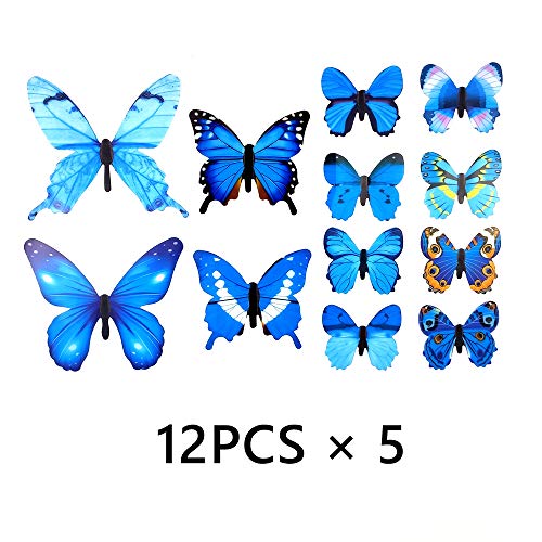 60PCS Butterfly Wall Decals - 3D Butterflies Decor for Wall Removable Mural Stickers Home Decoration Kids Room Bedroom Decor (Blue)