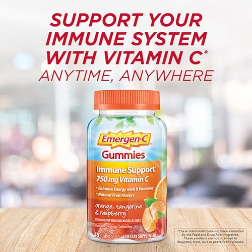 Emergen-C 750mg Vitamin C Gummies for Adults, Immunity Gummies with B Vitamins, Gluten Free, Orange, Tangerine and Raspberry Flavors, 45 Count (Pack of 1)