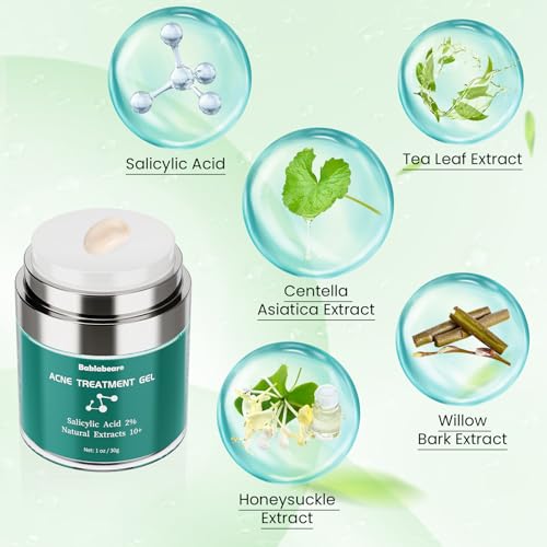 Bablabear 2% Salicylic Acid Acne Treatment Cream for Face Back/Butt/Body,Spot Treatment for Pimples,Face Blemishes,Blackheads,Oil Control,Ingredients are Natural,Suitable for Teenagers/Women/Men(30g)