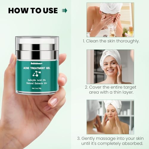 Bablabear 2% Salicylic Acid Acne Treatment Cream for Face Back/Butt/Body,Spot Treatment for Pimples,Face Blemishes,Blackheads,Oil Control,Ingredients are Natural,Suitable for Teenagers/Women/Men(30g)